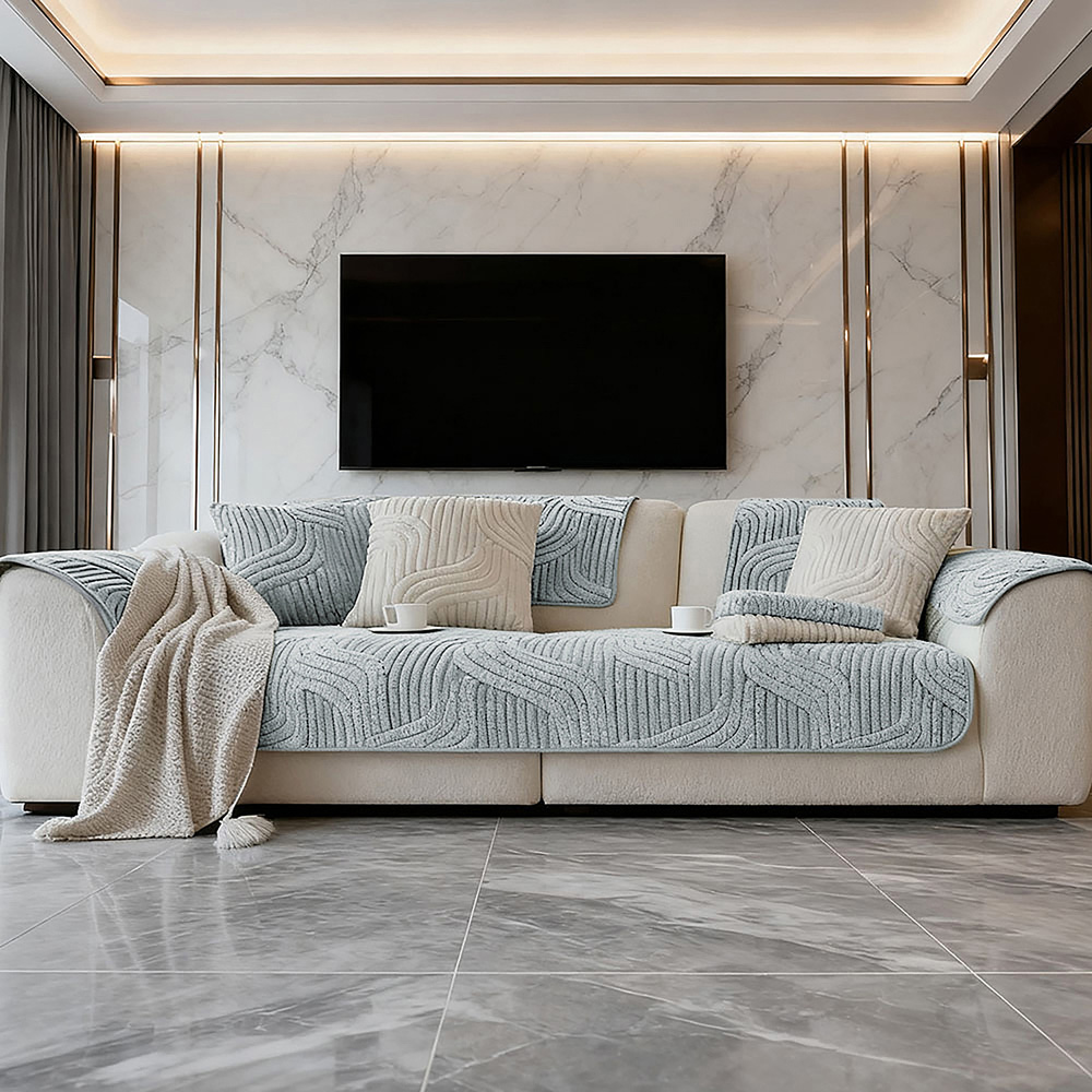 Living and Home 180 x 90cm Light Grey Minimalist Wavy Geometric Non-Slip Sofa Mat Image 2