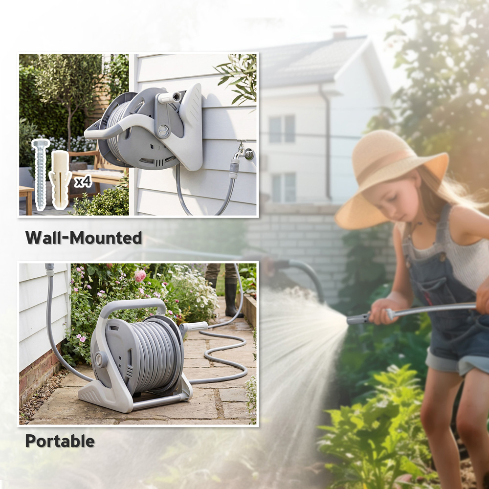 Outsunny Grey Portable Wall-Mounted Garden Hose Reel with 20m Hose and Fittings Image 4