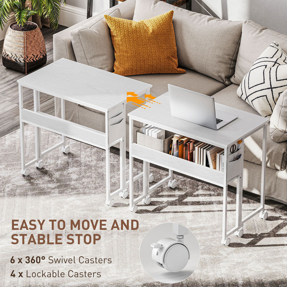 HOMCOM Single Shelf Foldable Computer Desk with Wheels and Side Bag White Image 6