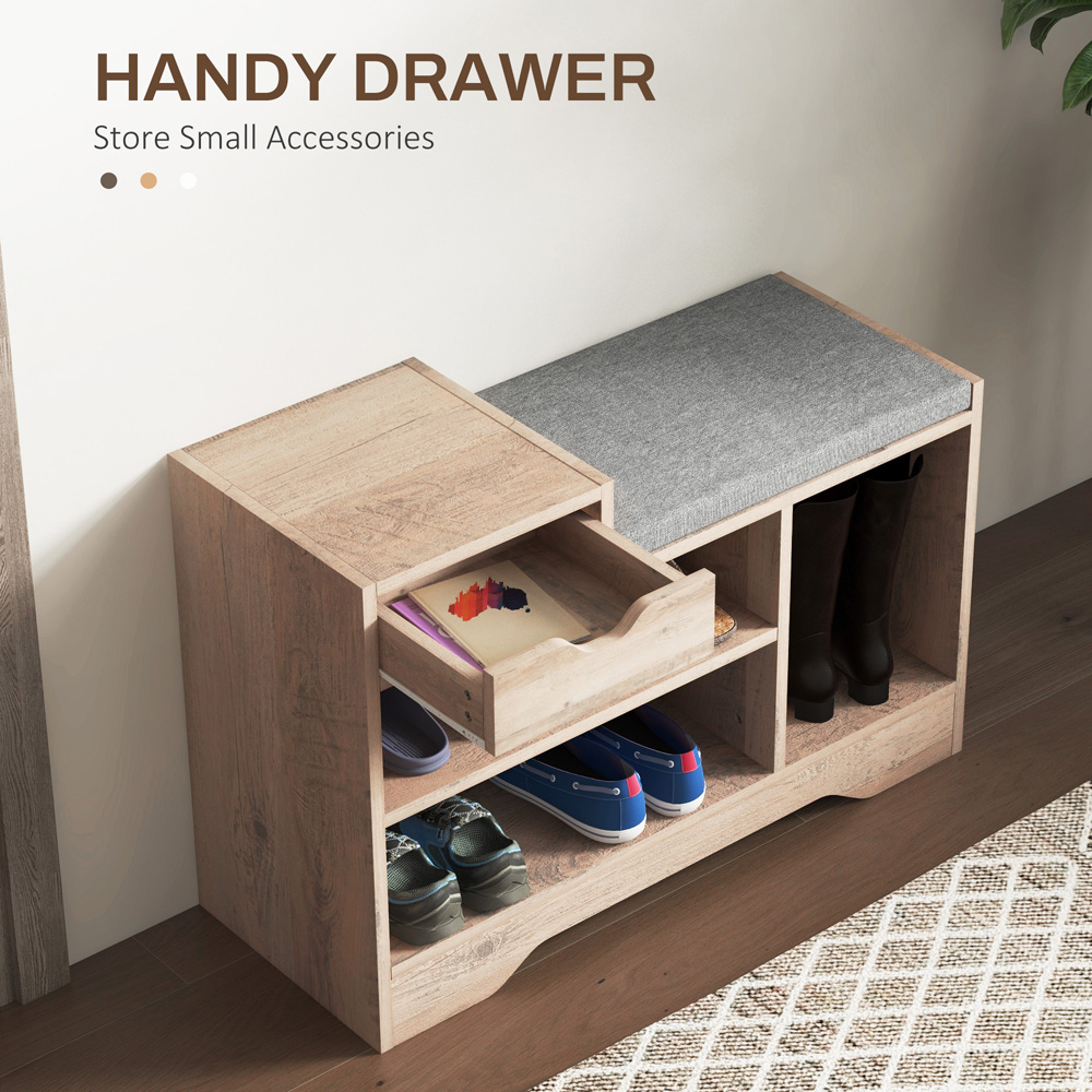 HOMCOM Single Drawer 3 Shelf Distressed Grey Upholstered Shoe Bench Image 5