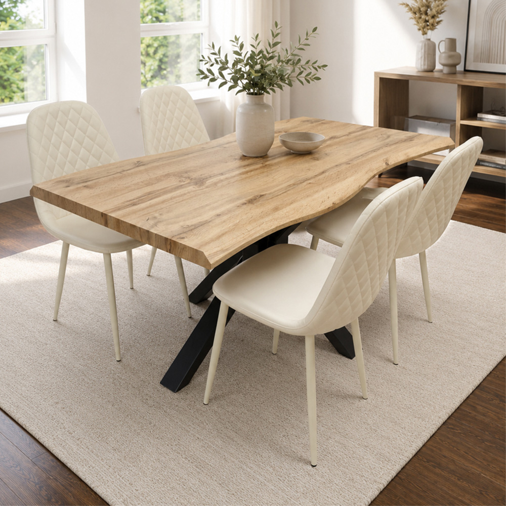 Portland 4 Seater Gem Pattern Faux Leather Wooden Tabletop Dining Set Cream Image 1
