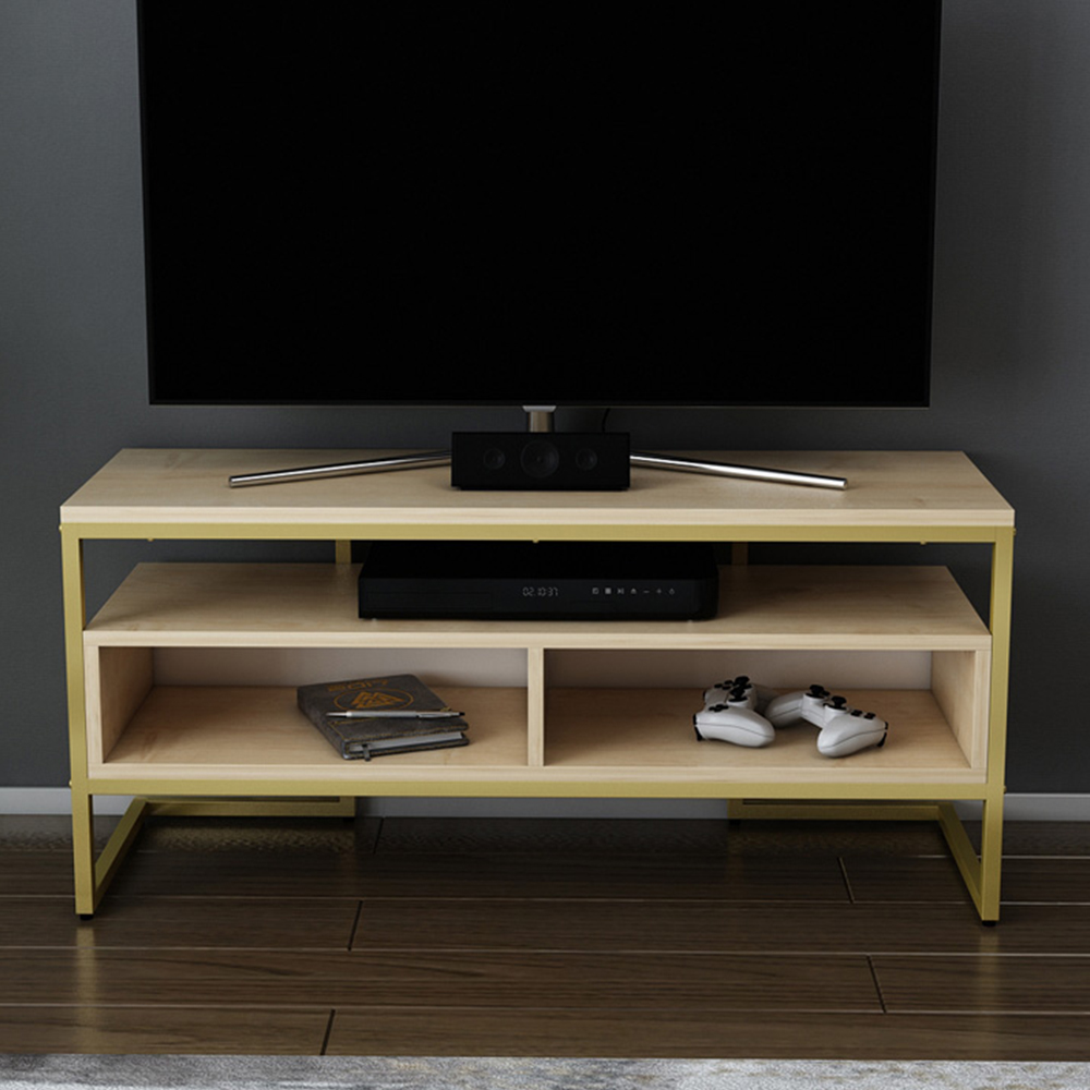 Decorotika Merrion 3 Shelf Gold and Oak TV Unit Image 1