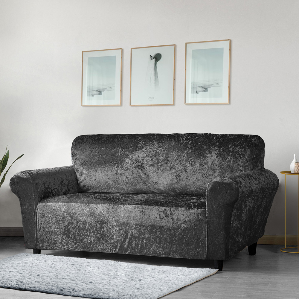 Homerepublic 3 Seater Charcoal Crushed Velvet Stretch Fit Sofa Cover Image 2