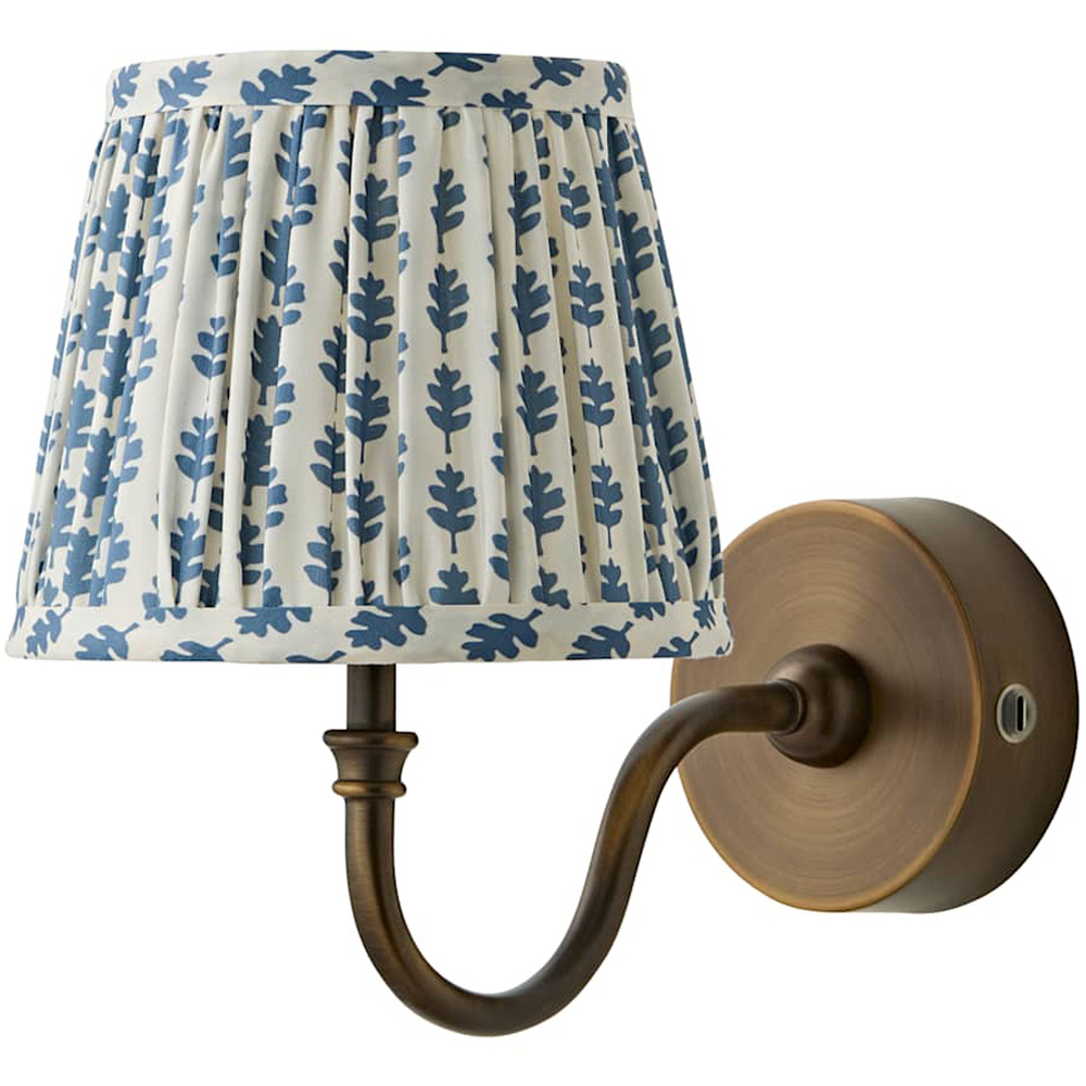 ValueLights Lowe Blue Ditsy Floral Pleated Shade Brass Rechargeable Wall Light with Bulb Image 1