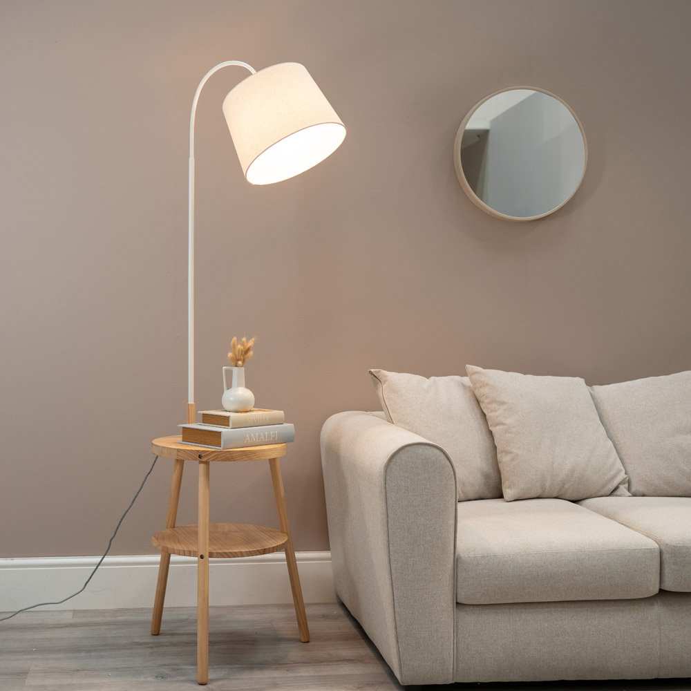 ValueLights Crowther Single Shelf Light Wood Fabric Shade Table Tripod LED Floor Lamp Image 2