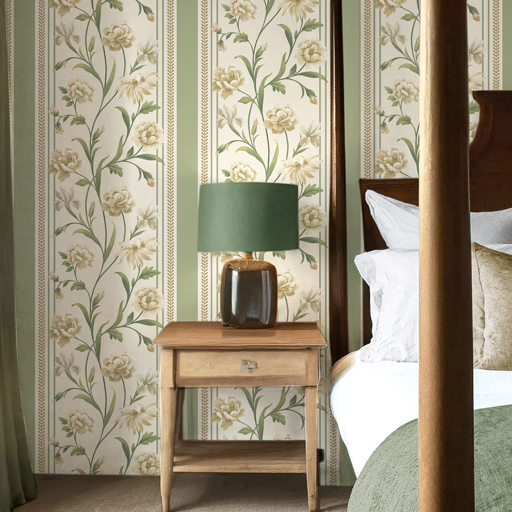 Belgravia Decor Raya Floral Stripe Sage and Cream Wallpaper Image 2