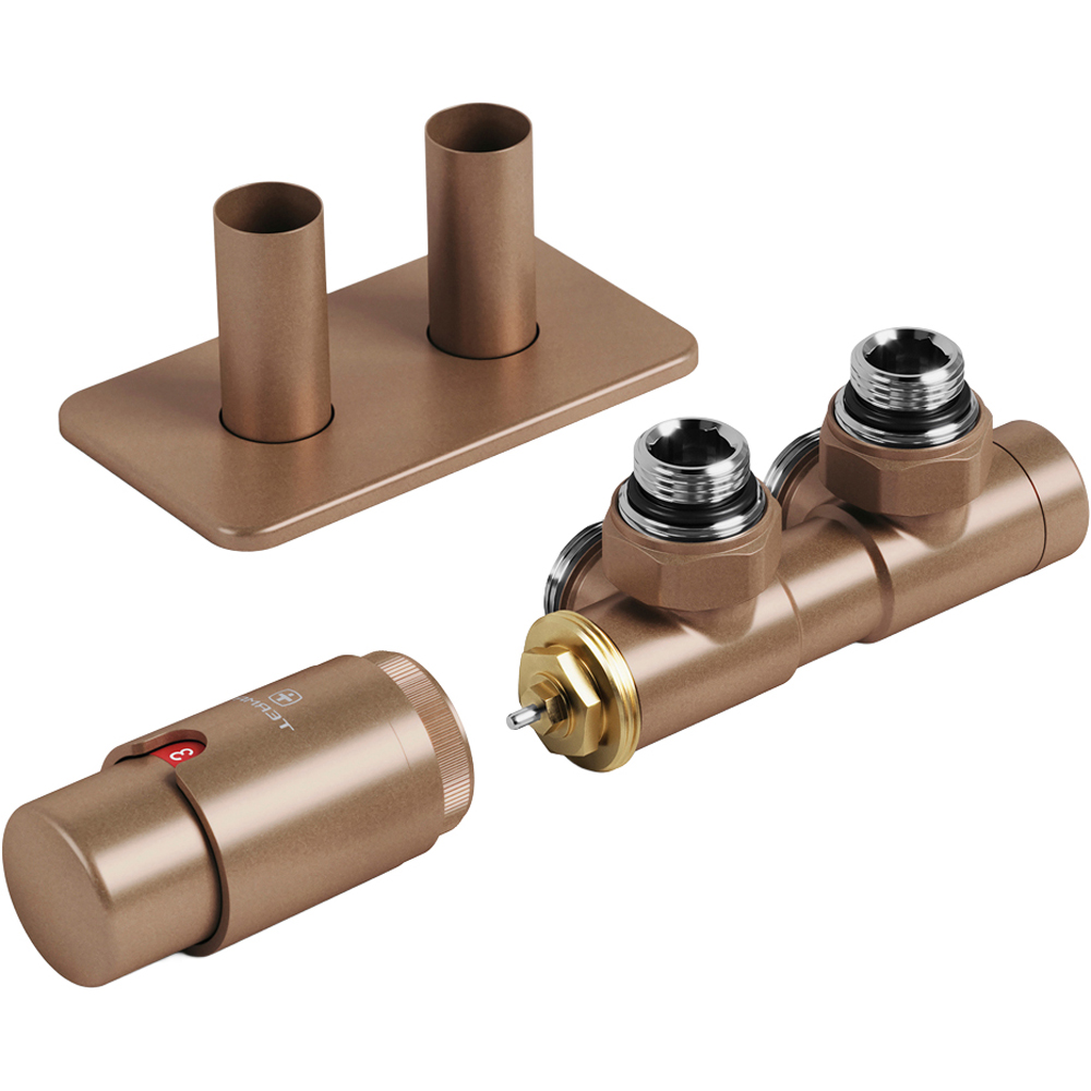 Terma Vario Bright Copper Left Sided Twins Angled Integrated Thermostatic Radiator Valve Set 50mm Image 1