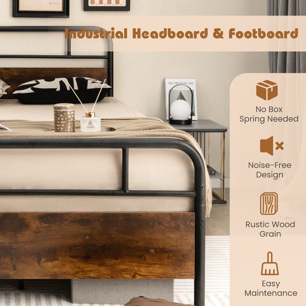 Costway Double Rustic Brown and Black Bed Frame Image 7