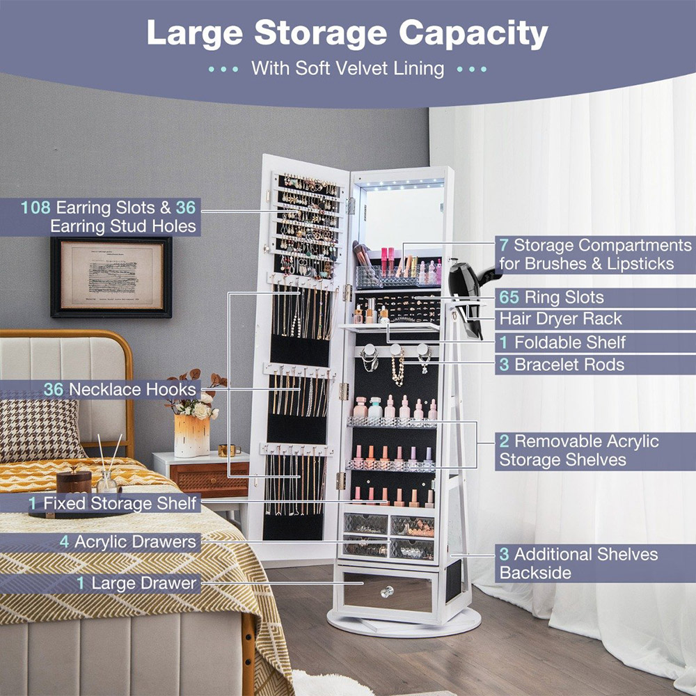 Costway White Swivel Mirrored Lockable Jewelry Cabinet Image 6