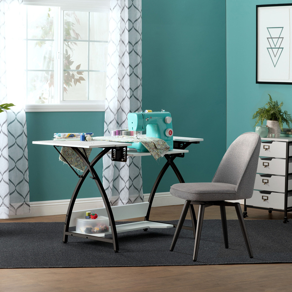 Sewing Online 13331 Single Shelf White and Black Small Sewing Table with Gridded Top Image 9