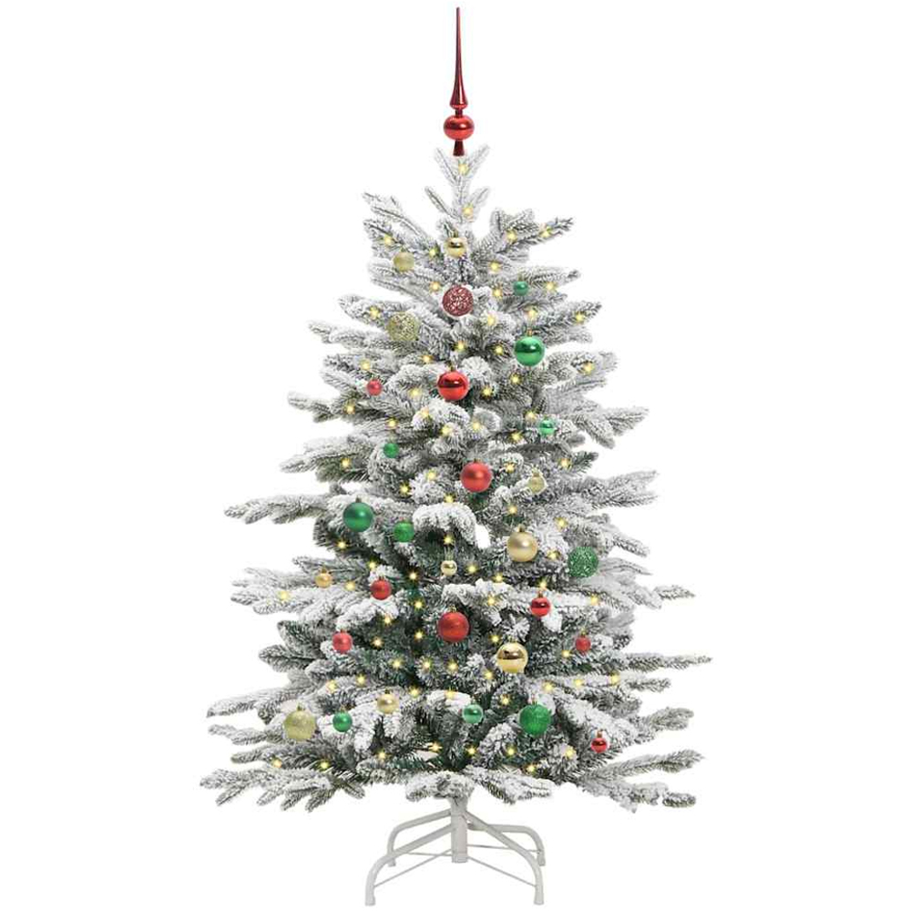 vidaXL Pre-Lit Multicolour Baubles White Artificial Snow Flocked Christmas Tree 5ft Image 1
