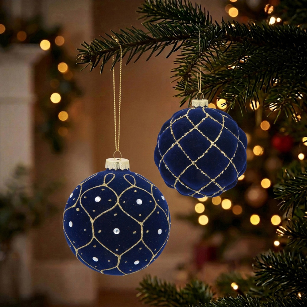 Navy Flocked Traditional Bauble Image 2