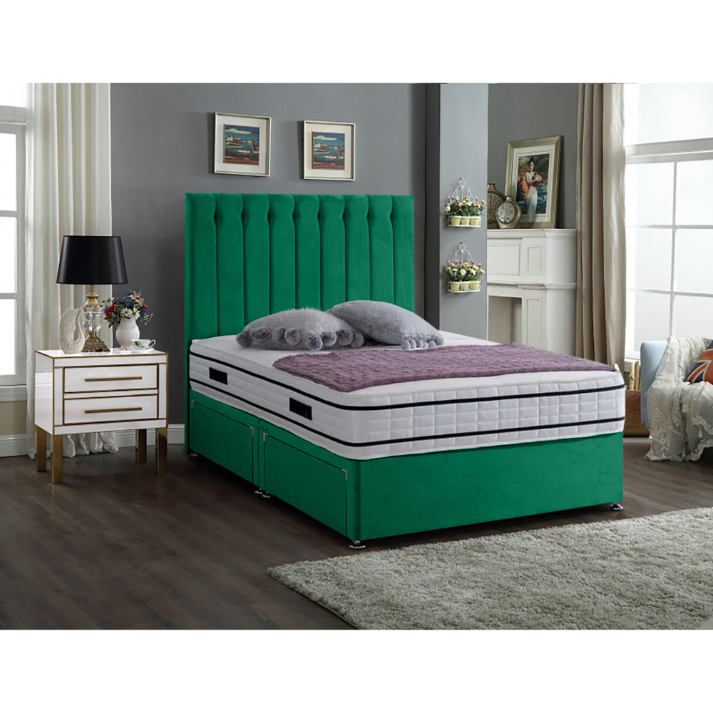 Eleganza Home Snuggler Double Emerald Plush Velvet 2 Drawer Divan Bed with Lined Headboard Image 2