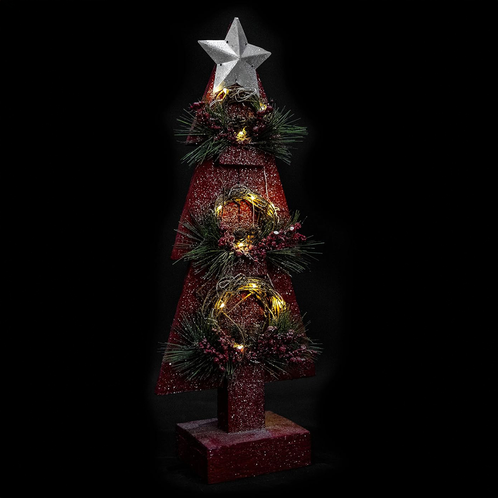 Shatchi Red Wooden Tree LED Christmas Decoration with Berries and Pines Image 4