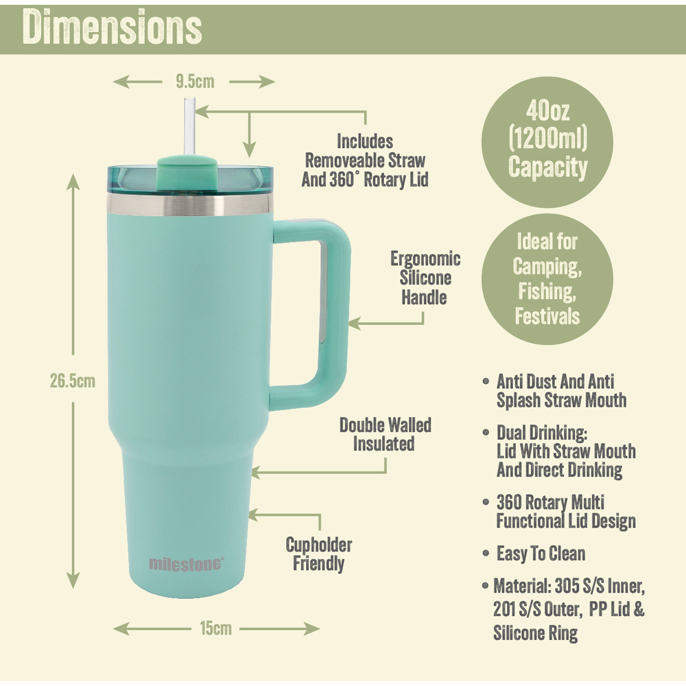 Milestone Camping Mint Green Insulated Travel Tumbler 1L Image 7