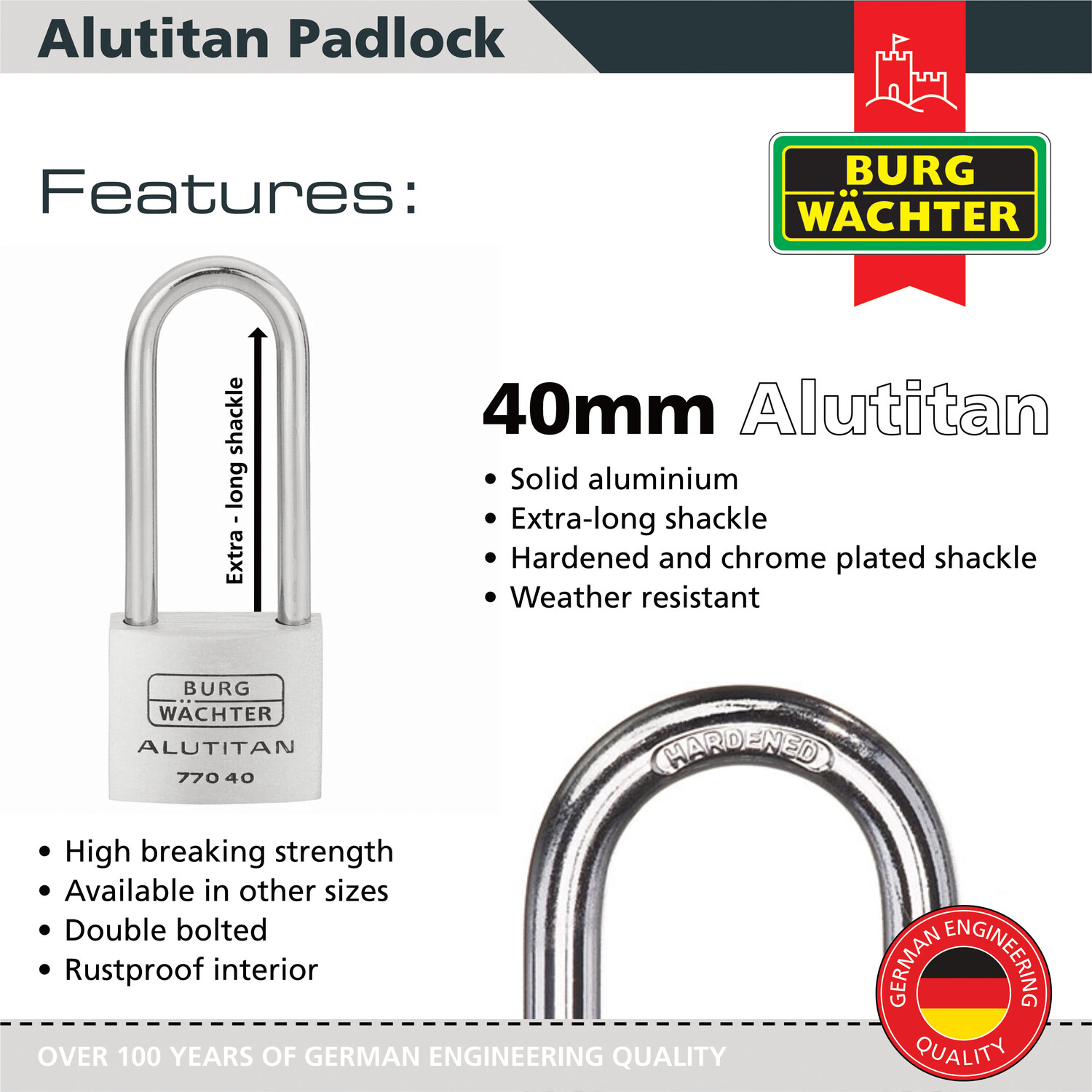 Long Shackle Aluminium 40mm Padlock Silver Image 2