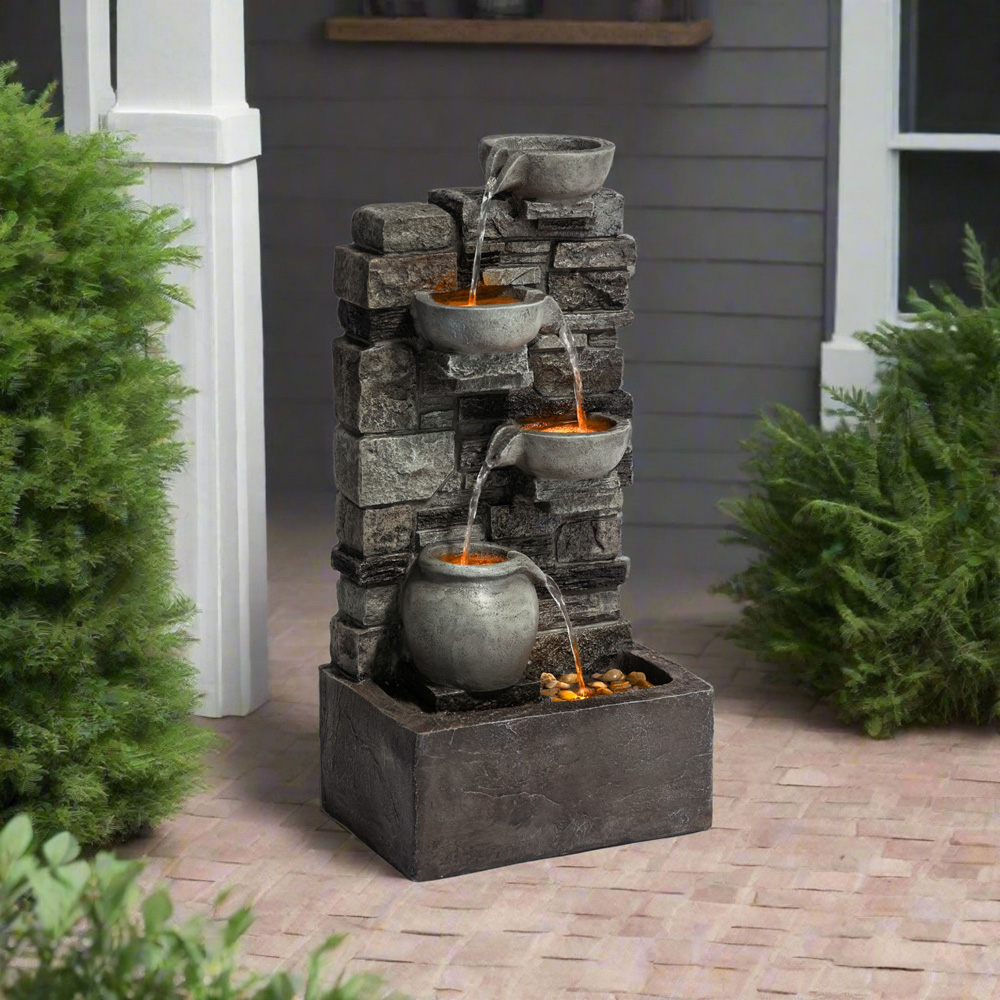 Teamson Home Grey 4-Tier Cascading Bowl Stacked Stone Outdoor Fountain 28.5 inch Image 7