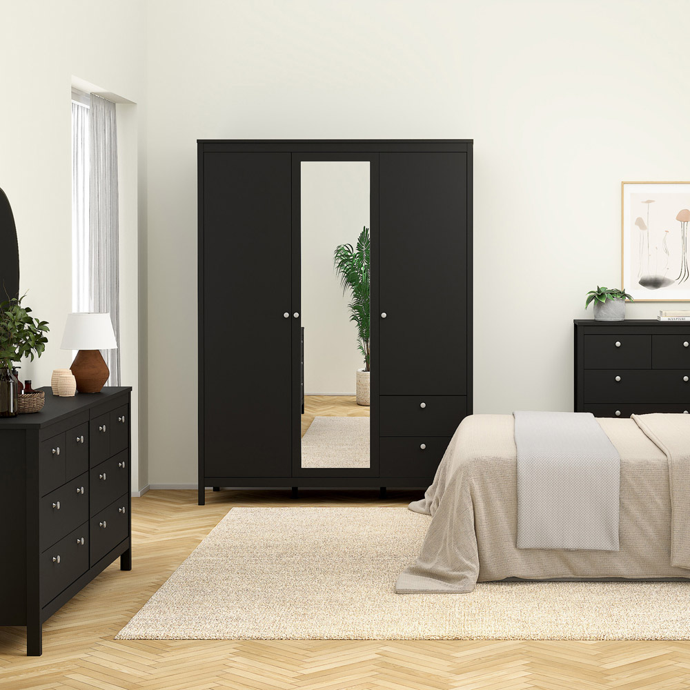Florence Madrid 3 Door 2 Drawer Matt Black Wardrobe with Mirror Door Image 5