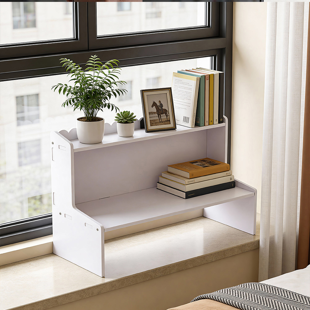 Living and Home 2 Shelf White Desktop Storage Shelf with Raised Base Image 8