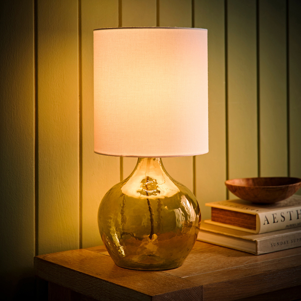 ValueLights Emily Natural Linen Drum Shade Dark Green Glass Teardrop LED Table Lamp Image 6