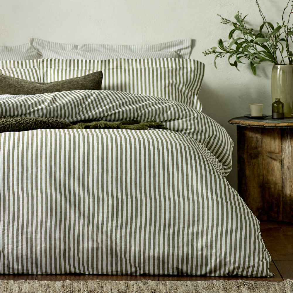 Yard Hebden King Size Melange Stripe Cotton Olive Duvet Set Image 4