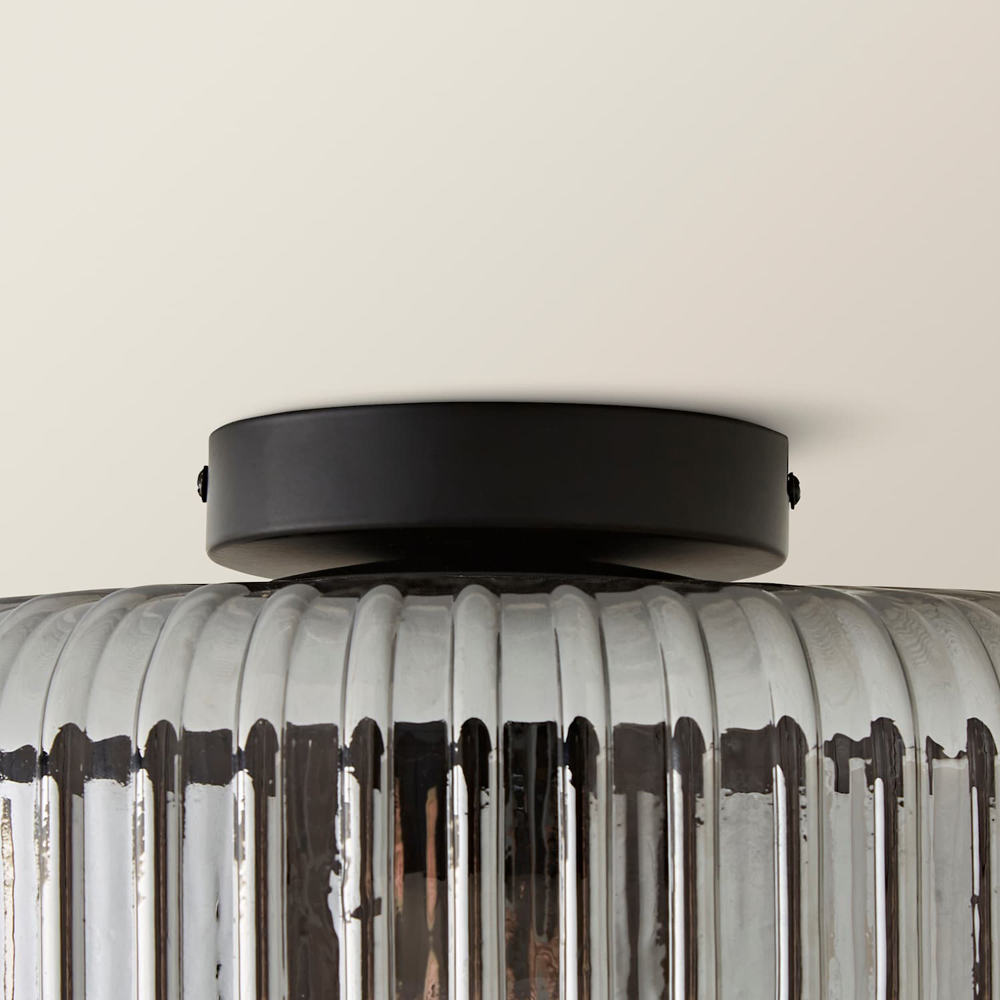 ValueLights Calpe Ribbed Smoked Shade Large Matte Black Flush Ceiling Light with Bulb Image 3