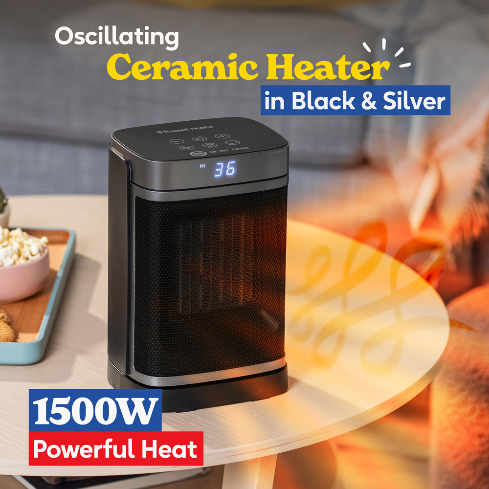 Russell Hobbs RHCH2001S Black and Silver Square Oscillating Ceramic Heater 1500W Image 3