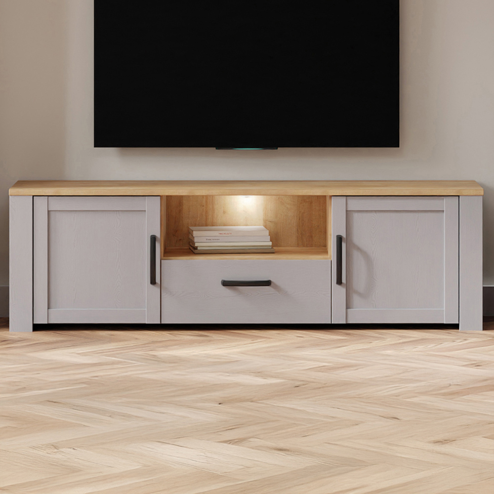 Florence Bohol Single Drawer Single Shelf 2 Door Riviera and Grey Oak LED TV Unit Image 1