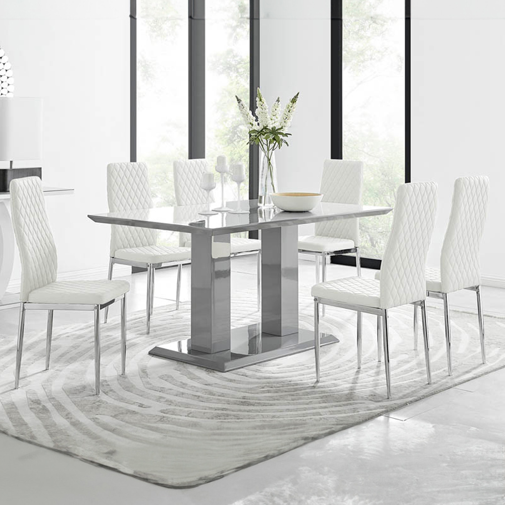 Furniturebox Molini Modern Valera 6 Seater Dining Set Grey Gloss White and Chrome Image 1