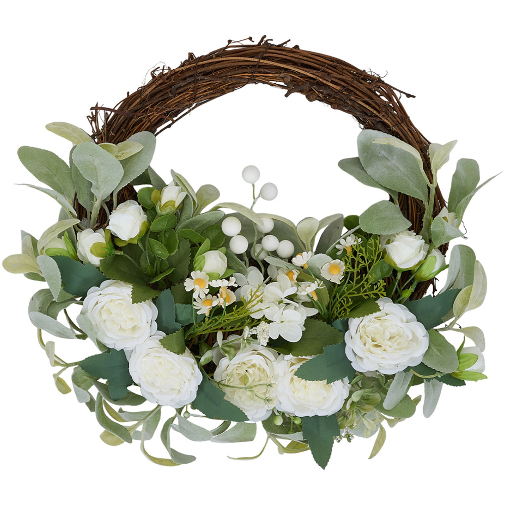 Living and Home Artificial Peony Rustic Door Wreath with Green Leaves 45cm Image 3