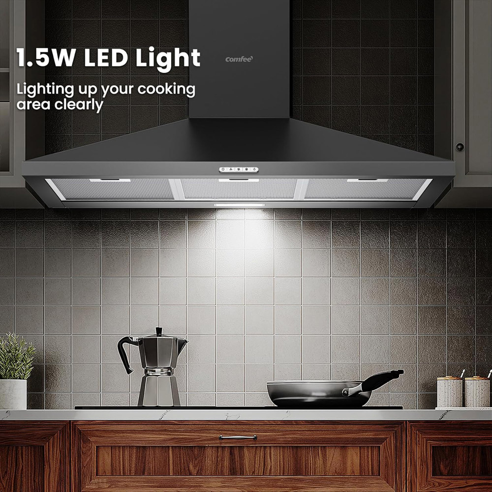 Comfee Black 90cm 3 Speed Wall Mounted Cooker Hood with LED and Carbon Charcoal Filter Image 5