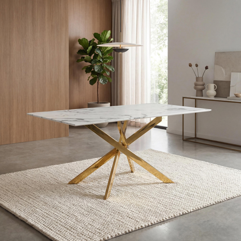 wilko Monaco 4 Seater Marble Glass Dining Table Gold and White Image 7