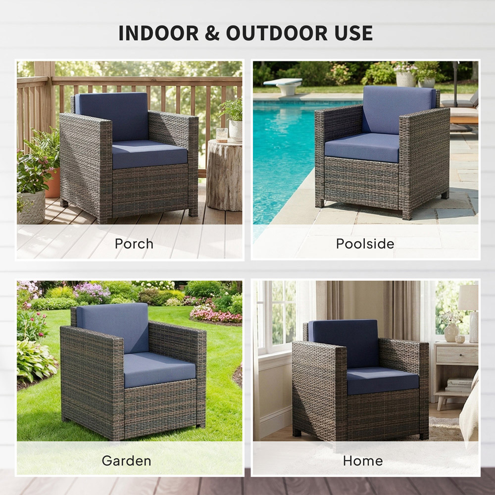 Outsunny Rattan Brown and Blue Cushioned Garden Armchair Image 7