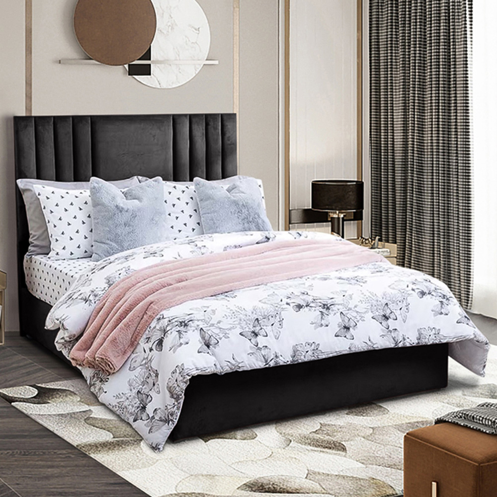 Eleganza Home Dreamer Double Black Plush Divan Bed with Lined Headboard Image 1