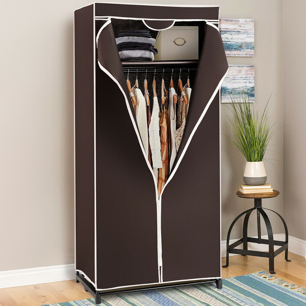 Costway Coffee Single Canvas Wardrobe with Dust-proof Cover Image 1