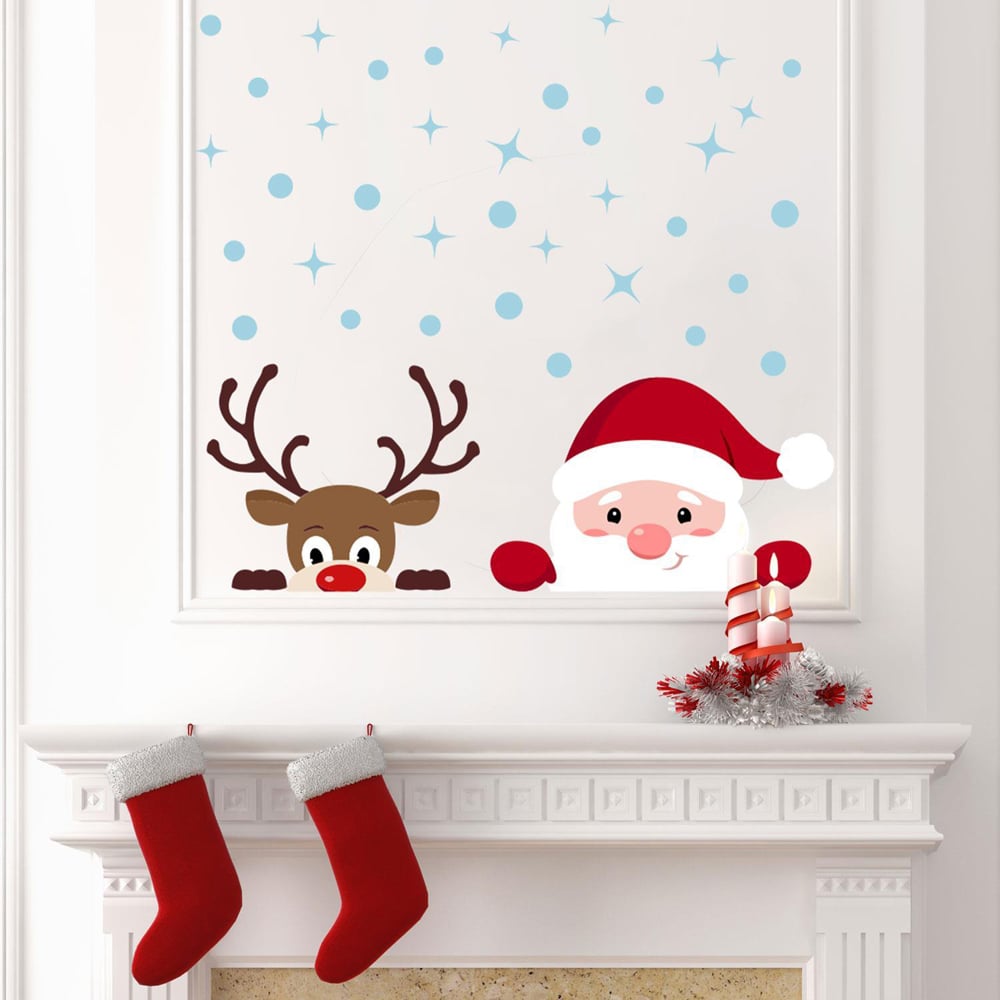 Walplus Peeking Santa and Rudolph Self Adhesive Christmas Wall Stickers 39 Piece Image 1