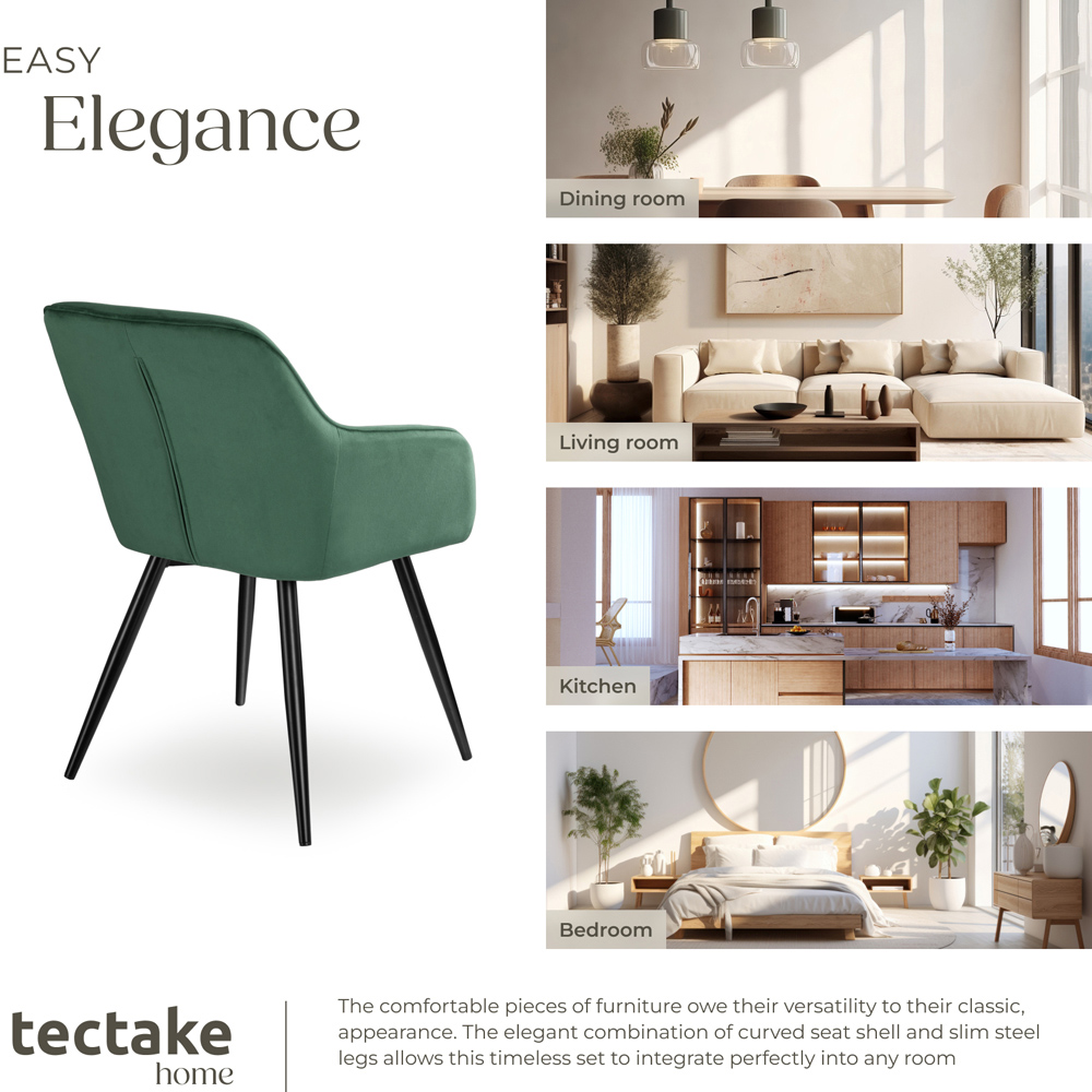 tectake Marilyn Set of 4 Dark Green and Black Velvet Look Padded Dining Chairs Image 6