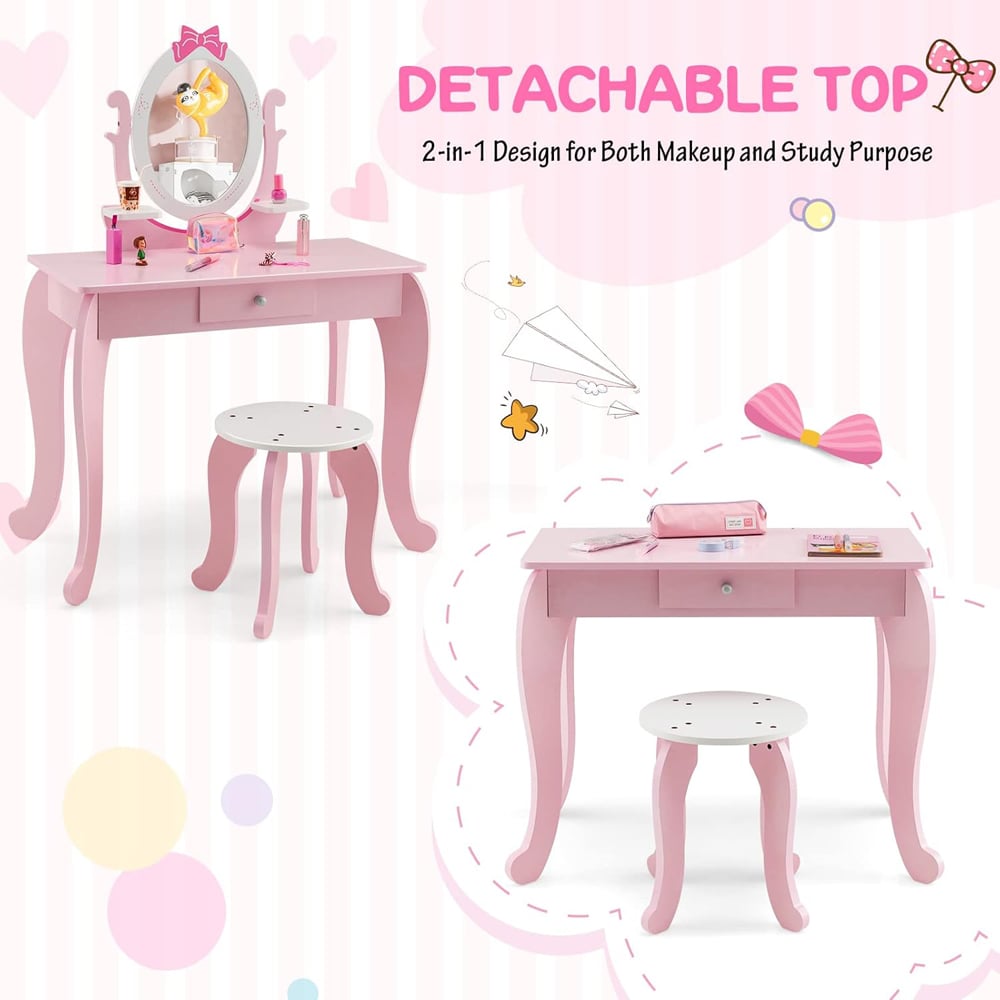 Costway 2 in 1 Pink and White Rotating Mirror Kids Vanity Table with Stool Image 7