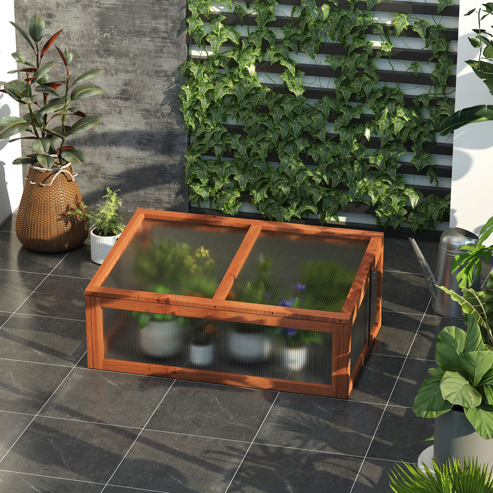 Outsunny Brown Wooden Polycarbonate 3.2 x 2.1ft Cold Frame with Top Cover Image 2
