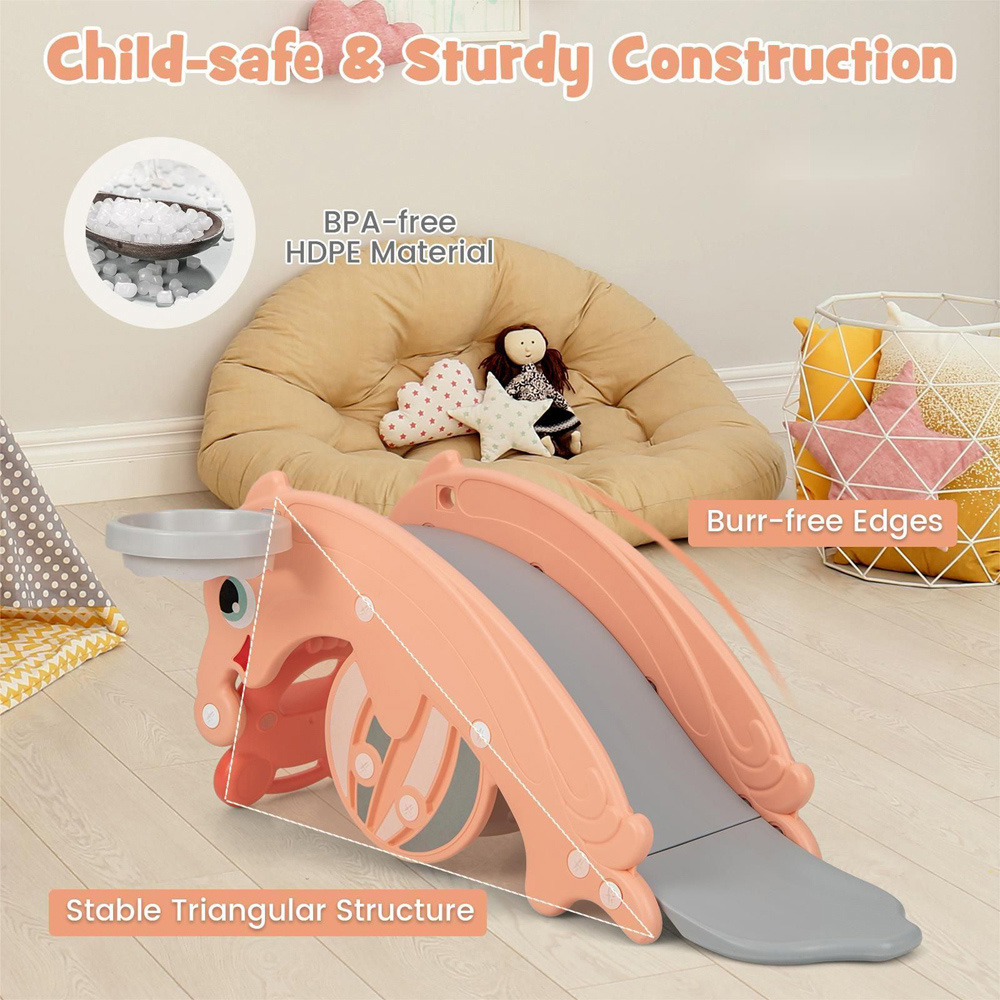 Costway Kids Pink Convertible 3 in 1 Slide Rocking Horse Set with Basketball Hoop Image 2