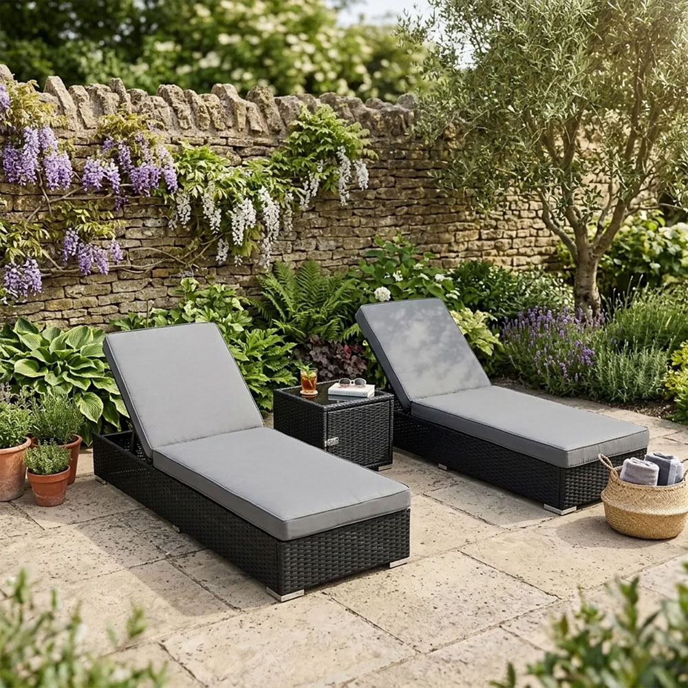 MonsterShop Set of 2 Black and Grey Adjustable Sun Loungers with Cushions and Side Table Image 3