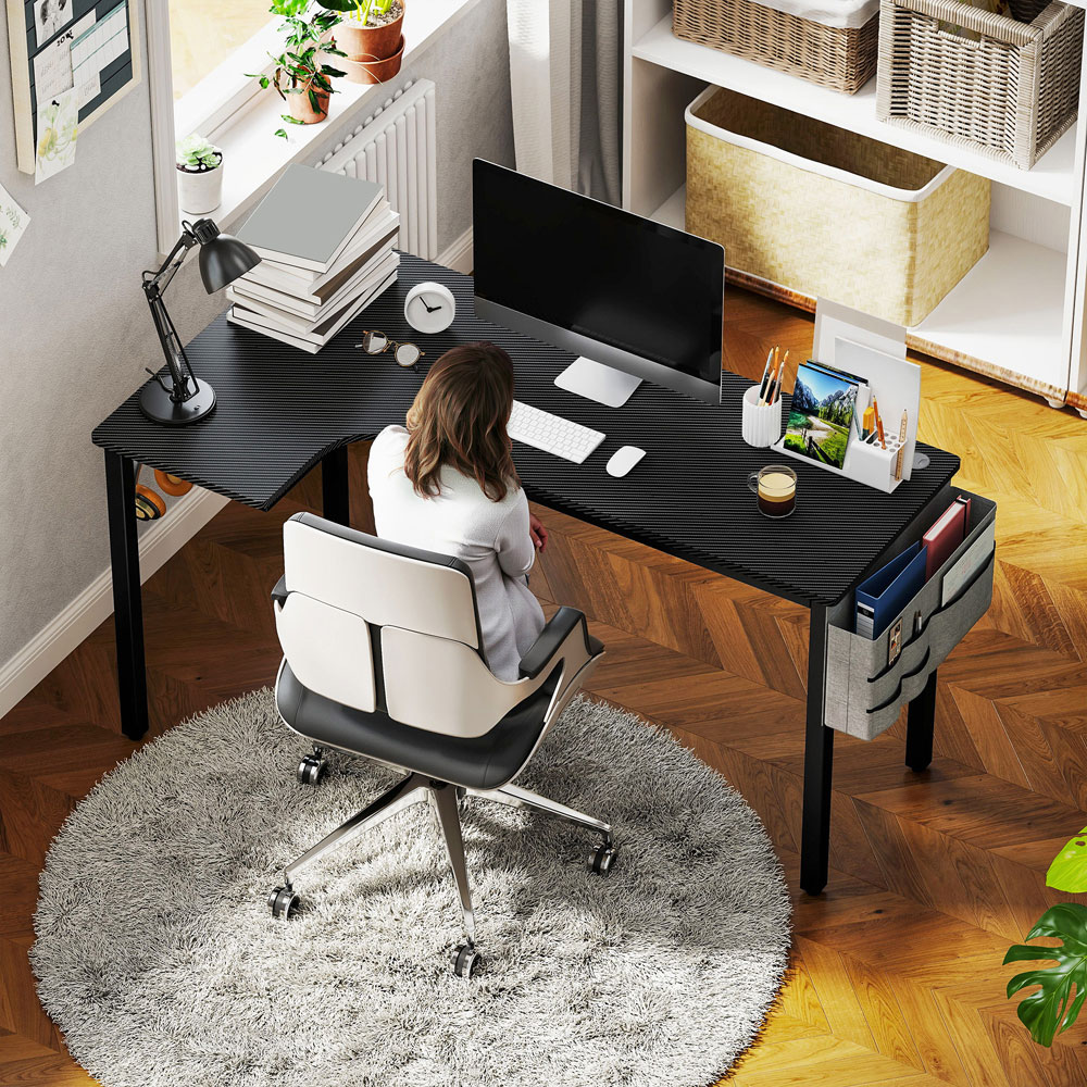 HOMCOM L Shaped Corner Computer Desk with Fabric Bag and Hooks Black Image 3