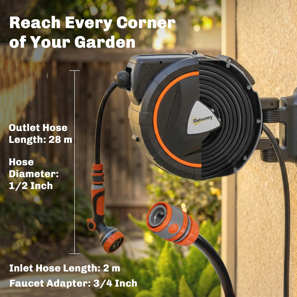 Outsunny 28m Black and Orange Wall-Mounted Retractable Hose Reel with Auto Retraction Image 5
