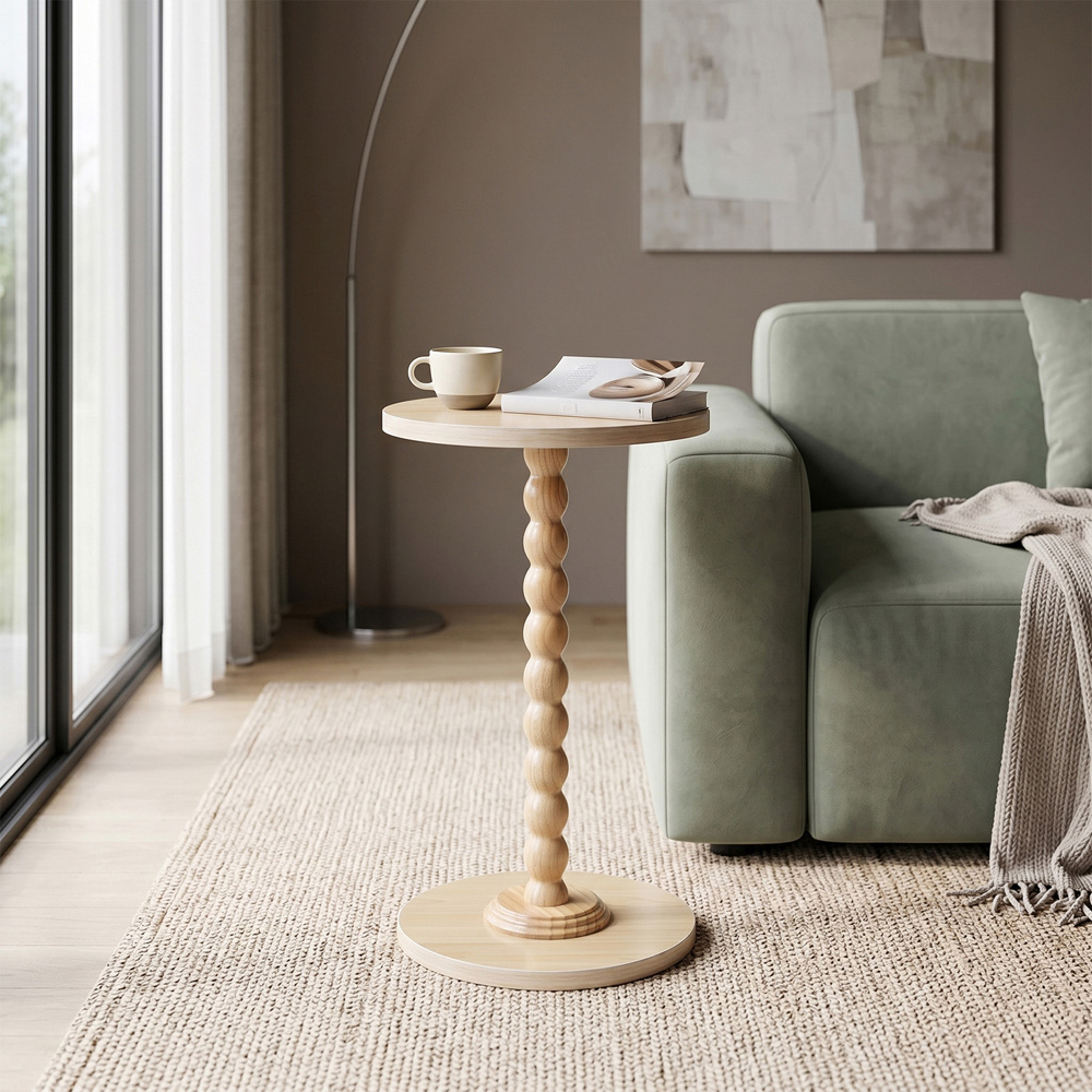 Living and Home Natural Round Spindle Pedestal Side Table Image 7