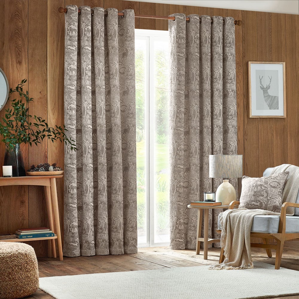 furn. Winter Woods Taupe Animal Chenille Eyelet Curtains 229 x 137cm Image 6