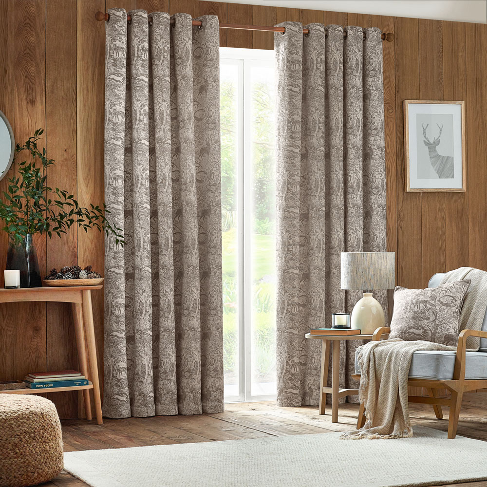 furn. Winter Woods Taupe Animal Chenille Eyelet Curtains 117 x 183cm Image 6