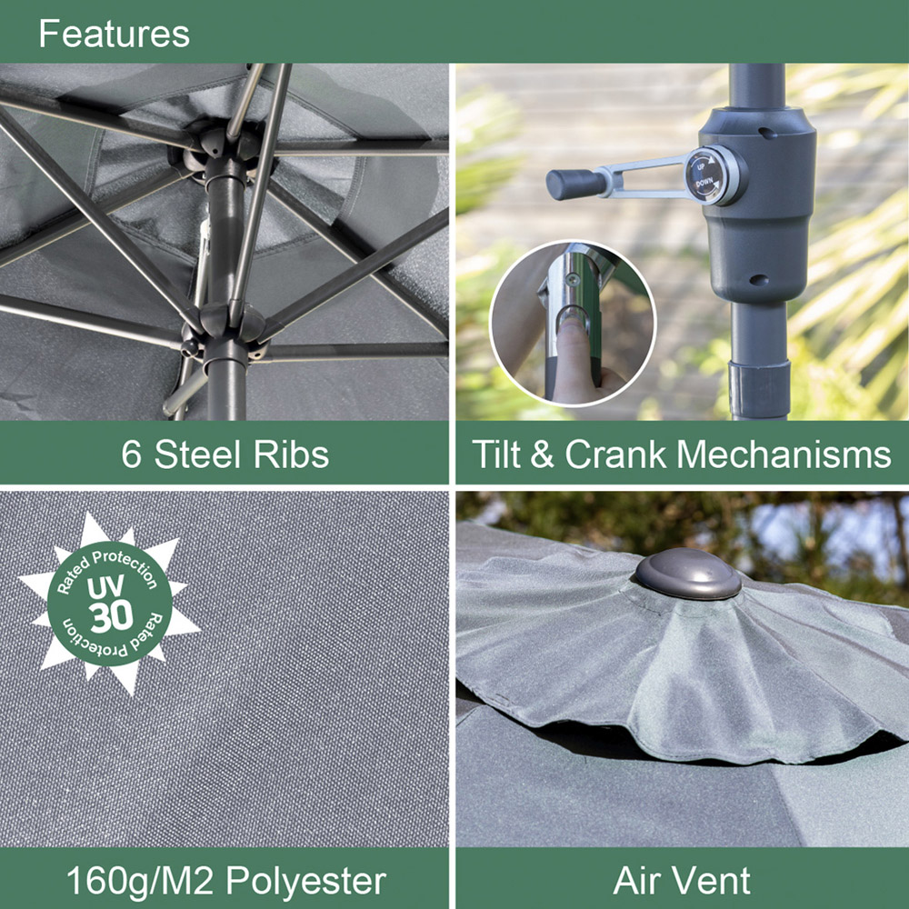 GardenKraft Charcoal 6 Ribs Crank and Tilt Parasol 2m Image 5