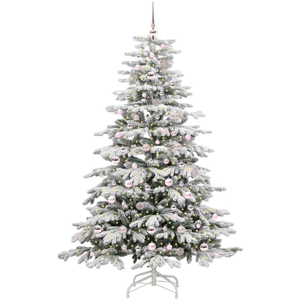 vidaXL Pre-Lit Pink Baubles White Artificial Snow Flocked Christmas Tree 7ft Image 1
