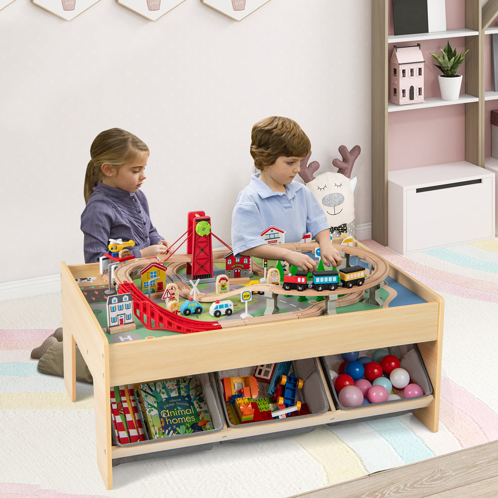 Costway Grey 3 Fabric Drawer Wooden Train Set Table with Reversible Tabletop Image 2