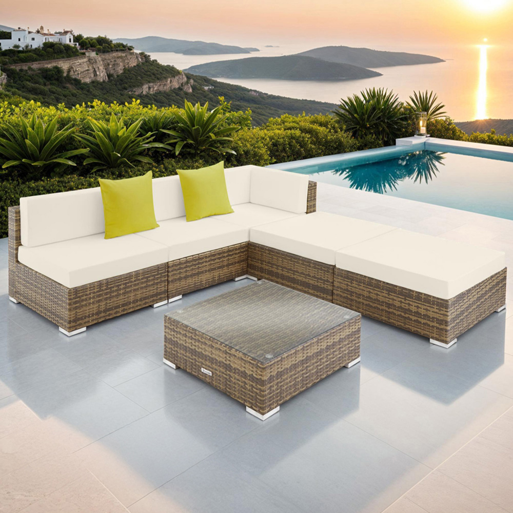 tectake Paris 5 Seater Natural Rattan Garden Corner Lounge Set Image 1